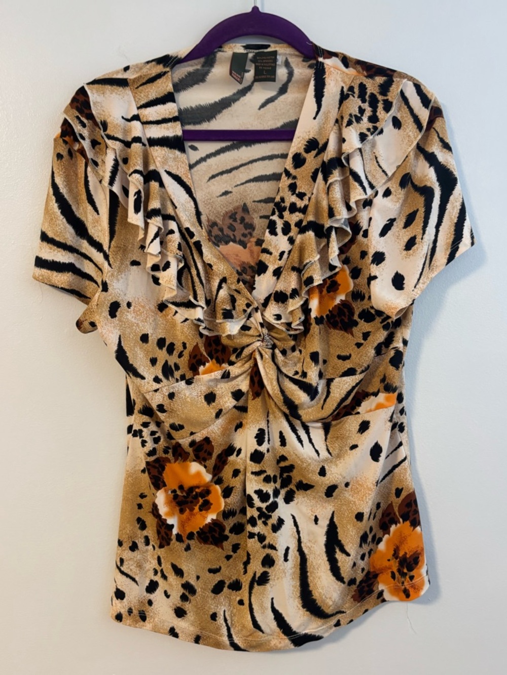 Sere Nade Animal Print Floral Ruffle Front Knot Short sleeve blouse Top Large